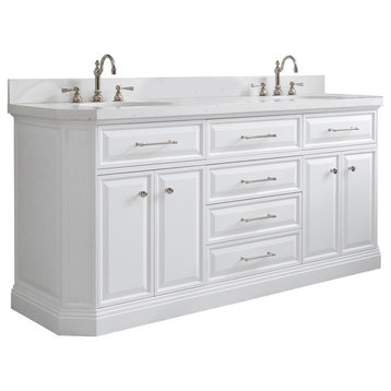 72" Palace Quartz Pure White Vanity With Hardware, Faucets in Polished Nickel