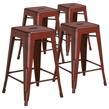 24" High Backless Distressed Kelly Red Metal Indoor Counter Stools, Set of 4