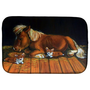 Corgi Snuggles The Pony Dish Drying Mat, 14"x21", Multicolor