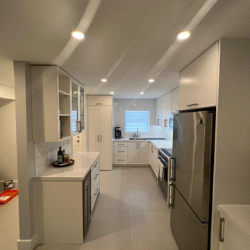 Transitional Kitchen Remodel Done in a Satin White Slim Shaker Door