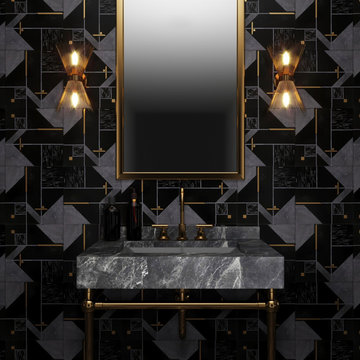 Art Deco Inspired Bathroom Backsplash With Black and Brass Marble Tile