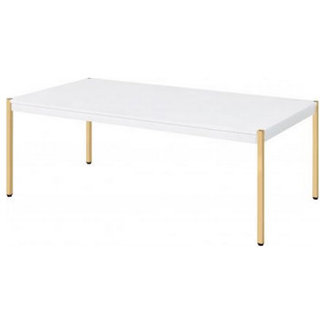 Benzara BM266460 Coffee Table With Metal Tube Legs, White and Gold