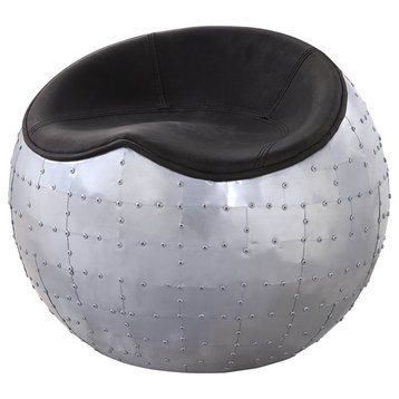 ACME Brancaster Leather Upholstered Ottoman in Antique Ebony and Aluminum