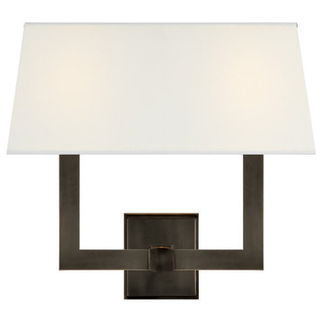 Square Tube Double Sconce in Bronze with Linen Single Shade