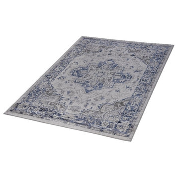 Usak Collection 7' x 10' Blue/Gray Oriental Distressed Non-Shedding Area Rug
