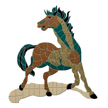Wild Horse Ceramic Swimming Pool Mosaic 72"x62", Brown/Teal