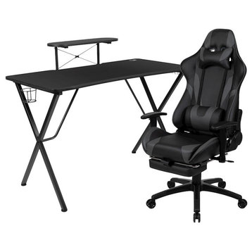 Flash Black Gaming Desk & Gray Reclining Gaming Chair/Footrest