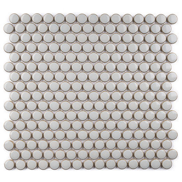 JAPM White Glazed Polished Penny Round Porcelain Mosaic Tile, Gray