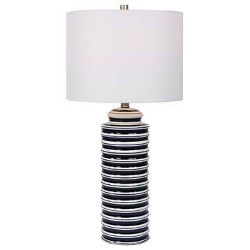 Navy And White Ceramic Base With Brushed Nickel Accents. Table Lamp