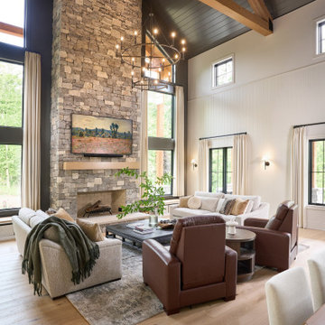 Beach Blend Ashlar stacked stone chimney, two-story great room