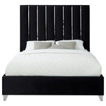 Meridian Furniture - Enzo Velvet Bed, Black, King - Create a bold yet welcoming sanctuary in your bedroom with this Enzo Black Velvet King Bed. The chrome channel design features velvet fabric upholstery for a sleek, glamorous look. The chrome legs provide support for the plank-style base, ensuring durability and long-lived beauty. Full slats are included, making setup easy and quick. No box spring is required with this bed, so you can use it with your choice of mattress.