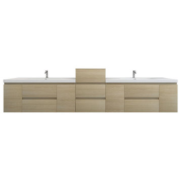 BTO 116''  Wall Mounted Bath Vanity With Reinforced Acrylic Sink, Double Sink, White Oak