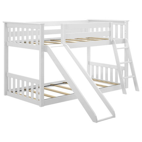 Twin Over Twin Bunk Bed, Pine Wood Body With Reversible Slide and Ladder, White