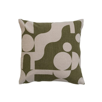 18" Square Cotton Slub Printed Pillow, Abstract Design, Green, Natural