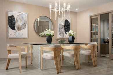 Medium sized classic dining room in Philadelphia with beige walls, vinyl flooring, beige floors and wallpapered walls.