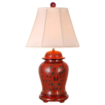 Chinese Red Lacquer Ginger Jar Table Lamp, Shade and Finial 28.5"