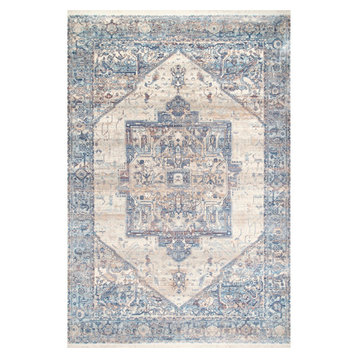 Ehtel Medallion Fringe Traditional Area Rug, Light Blue, 2'x3'