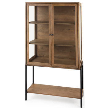 Arelius Solid Wood With Metal Base Display Cabinet, Light Brown