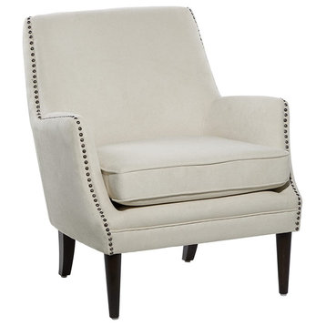 Contemporary Accent Chair, Padded Cushioned Seat With Bronze Nailhead, Beige