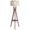 Contemporary Floor Lamp, Unique Tripod Design With Round Shelf and Linen Shade