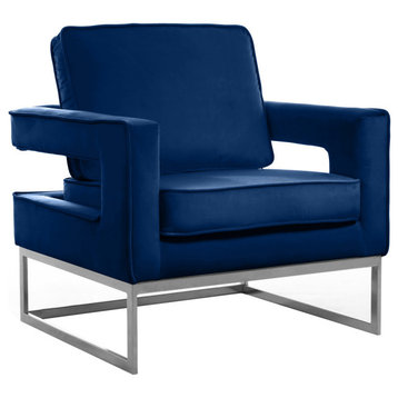 Noah Velvet Upholstered Accent Chair, Navy, Chrome Base