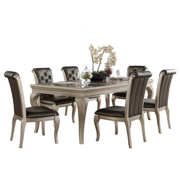 7-Piece Chable Glam Dining Set Opaque Glass Table, 6 Chair, Silver
