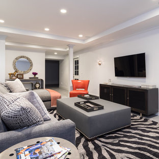 Modelo de sótano en el subsuelo contemporáneo, grande, sin chimenea, con paredes grises y suelo de baldosas de porcelana