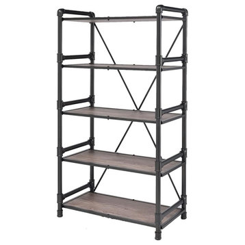 Industrial Bookcase, Pipes Style Frame With 5 Open Shelves, Rustic Oak & Black