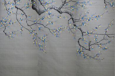 hand-painted plum blossom on dupion silk wallpaper