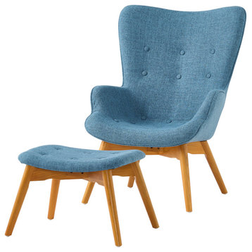 Hariata Mid-Century Modern Wingback Chair and Ottoman Set, Muted Blue