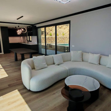 Deep Perspective View of Open Kitchen & Living Room Connected Layout