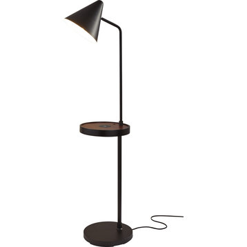 Oliver Wireless Charging Task Shelf Floor Lamp - Matte Black, Walnut Poplar Wood