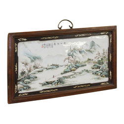 Chinese Rectangular Wood Porcelain Water Mountain Scenery Wall Plaque - Wall Accents
