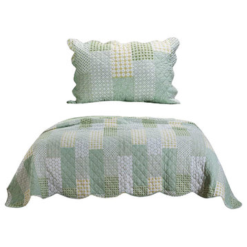 Benzara BM219433 Reversible Fabric Twin Size Quilt Set, Geometric Pattern, Green