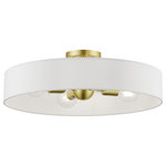 Livex Lighting - Venlo 4 Light Satin Brass With Shiny White Accents Large Semi-Flush - The Venlo collection is both modern and versatile. The satin brass finish with shiny white finish accents and hand-crafted off-white colored fabric hardback shade sets a pleasant mood. This sleek large four-light drum semi-flush is a perfect fit for the living room, dining room, kitchen and bedroom.