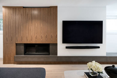 Basement - mid-sized modern underground light wood floor basement idea in Calgary with white walls and a standard fireplace