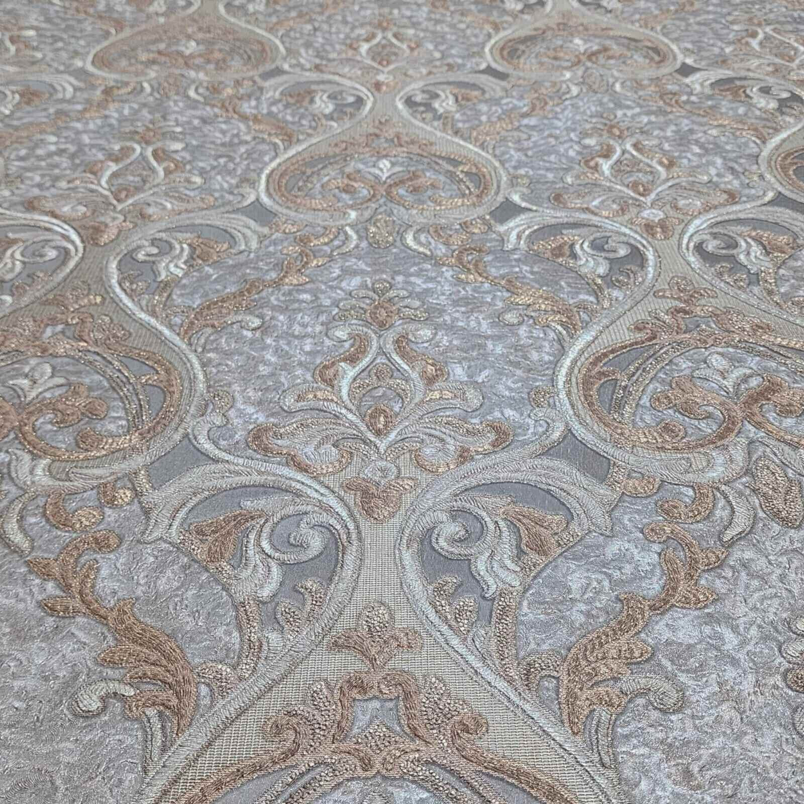 Victorian dark gray bronze gold metallic ogee damask textured Wallpaper ...