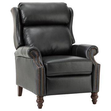 Modern Genuine Leather Manual Recliner With Solid Wood Legs, Black