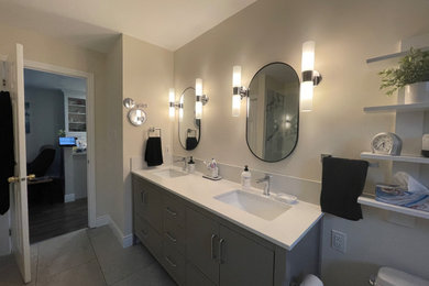 Bathroom - gray floor and double-sink bathroom idea in Toronto with flat-panel cabinets, gray cabinets and white countertops