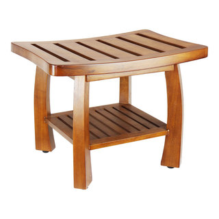 Dussi Teak Wood Corner Shower Bench Stool with Toiletries Holder