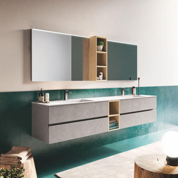 Modern soft grey and green bathroom with grey vanity