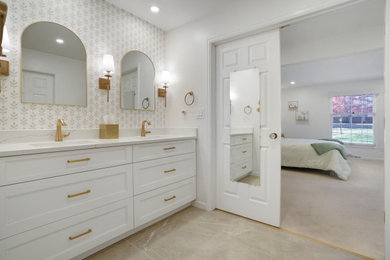 Inspiration for a large timeless master double-sink and wallpaper bathroom remodel in Denver with recessed-panel cabinets, white cabinets, white walls, an integrated sink, white countertops and a built-in vanity