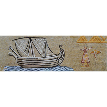 Landscape Mosaic Art, Ancient Phoenician Ship, 16"x47"
