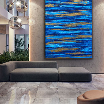 60x48 Inches Blue Gold Abstract Contemporary Painting Large Canvas Wall Art