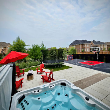 Hot Tub and Entertainment Patio with Sport Court Views