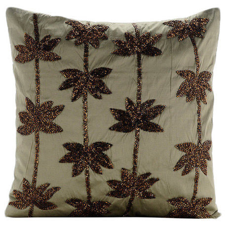 Green Zardozi Lotus Flower 24"x24" Taffeta Pillow Sham, Brown Lotus Dreams
