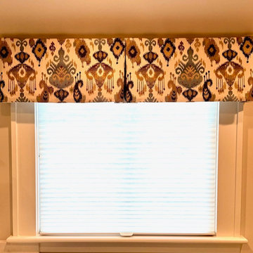 Box Pleat Valance using Folio Fabric over Honeycomb Cellular Shades in Guest Bat