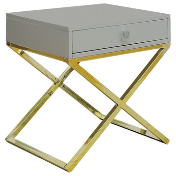 Two Tone Side Table, Gold Finished Metal Base With Storage Drawer, Grey