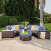 Mia Outdoor 4-Seater Wicker Curved Sectional Set With Wedge Tables, Navy, Round Ottoman