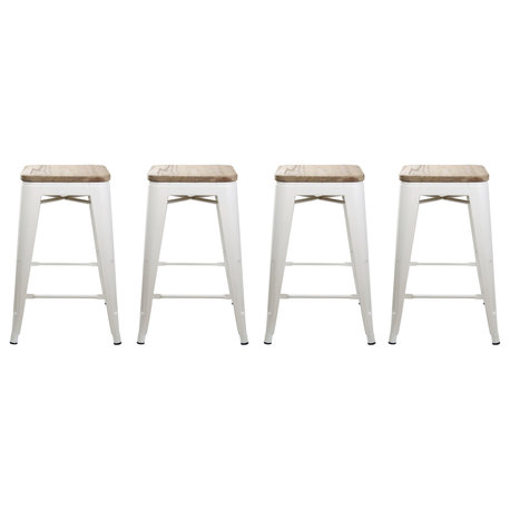 White Backless Metal Bar Stools, Dark Wooden Seat, Set of 4